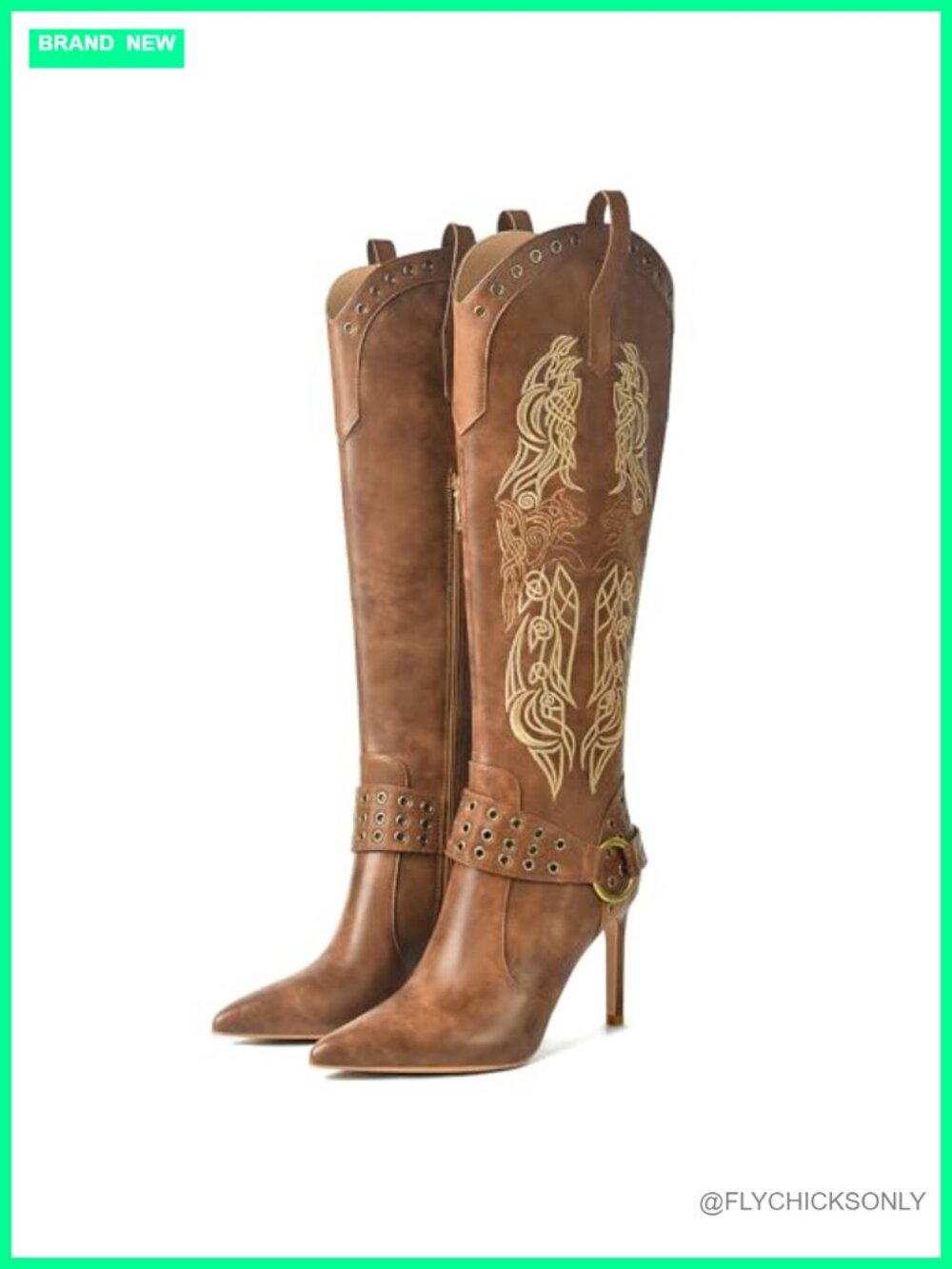 JANSEVEN Western Knee High Boots Stiletto Heel Pointed Toe Zip